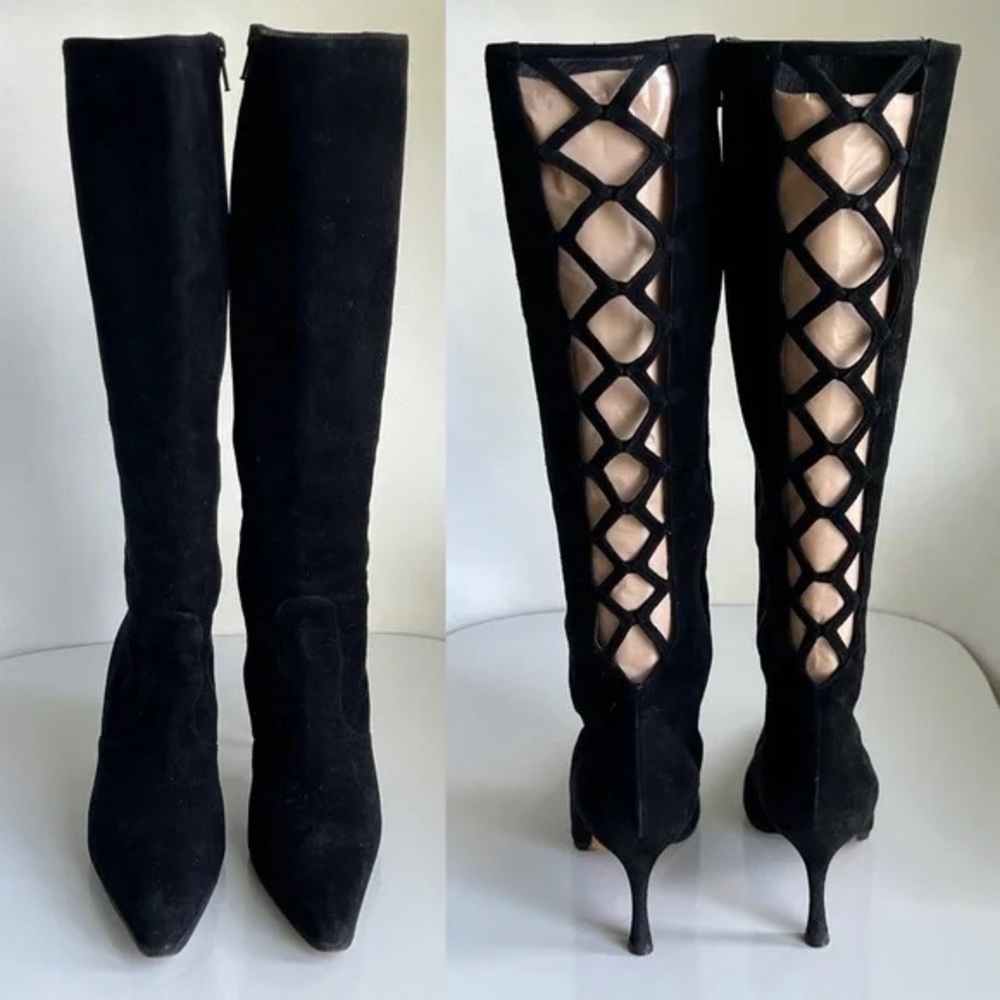 Women’s Manolo Blahnik Black Suede Cage Cutout Tall Boots - Size 36.5/6.5